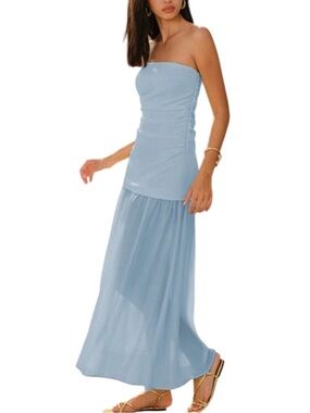 Commense Light Blue Semi-Sheer Strapless Ruched  Maxi Dress Small NWT